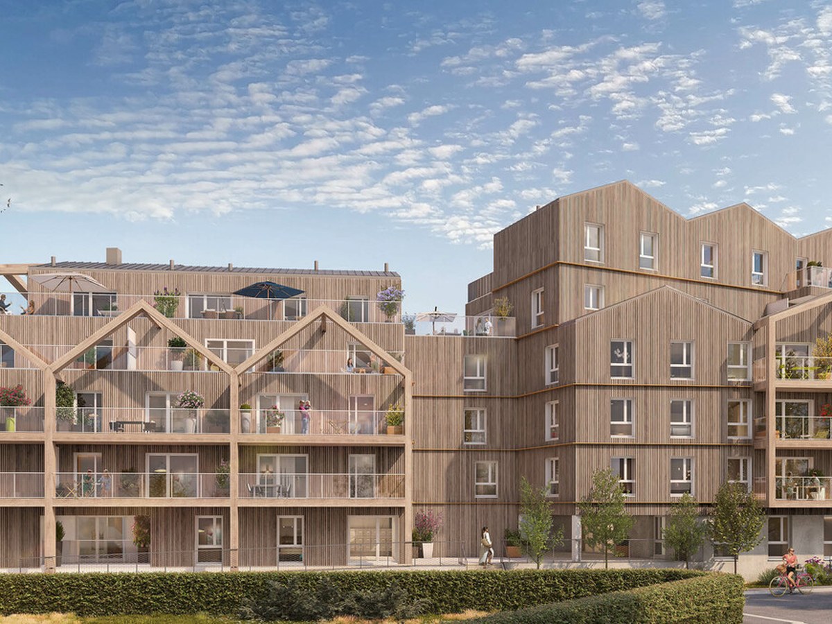 Perspective du programme immobilier neuf Arboréa à Saint-Malo : résidence contemporaine entourée d'arbres